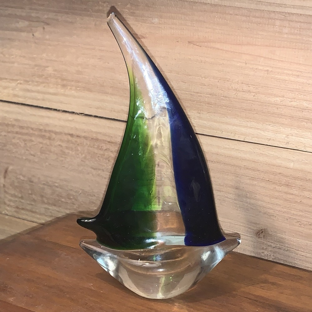 Murano Style 8" Sailboat‎ Cobalt Blue Green  & Clear Glass Paperweight Decor